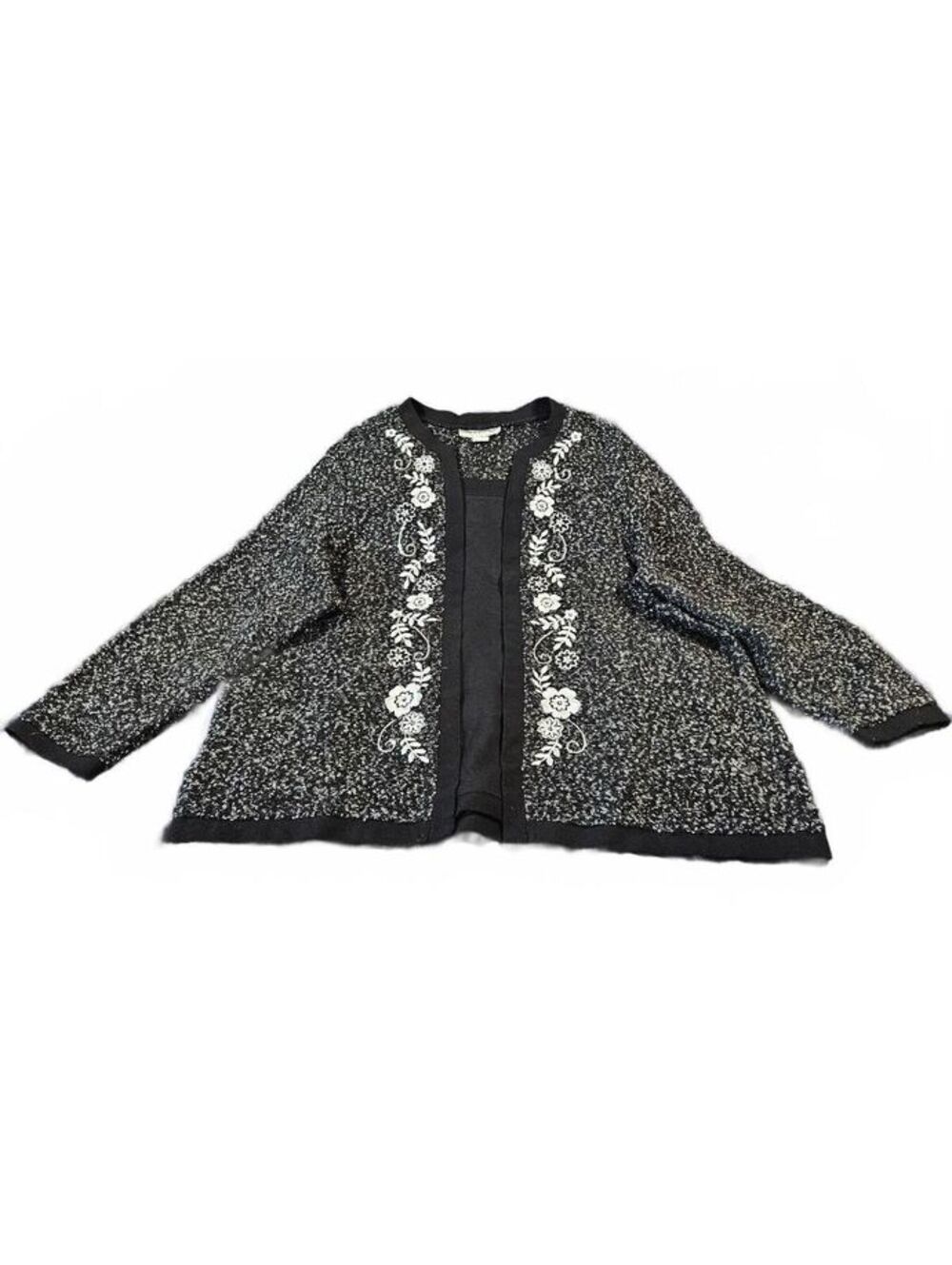 Cathy Daniels Black and White Embroidered Open Front Cardigan Sweater, Size 2X